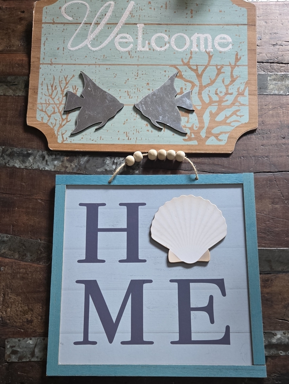Coastal "HOME" & Welcome Wall Signs Set - Seafoam, Teal, White